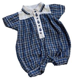 Preppy Vintage 1990s Plaid Nautical Embroidered Polo Bubble Playsuit